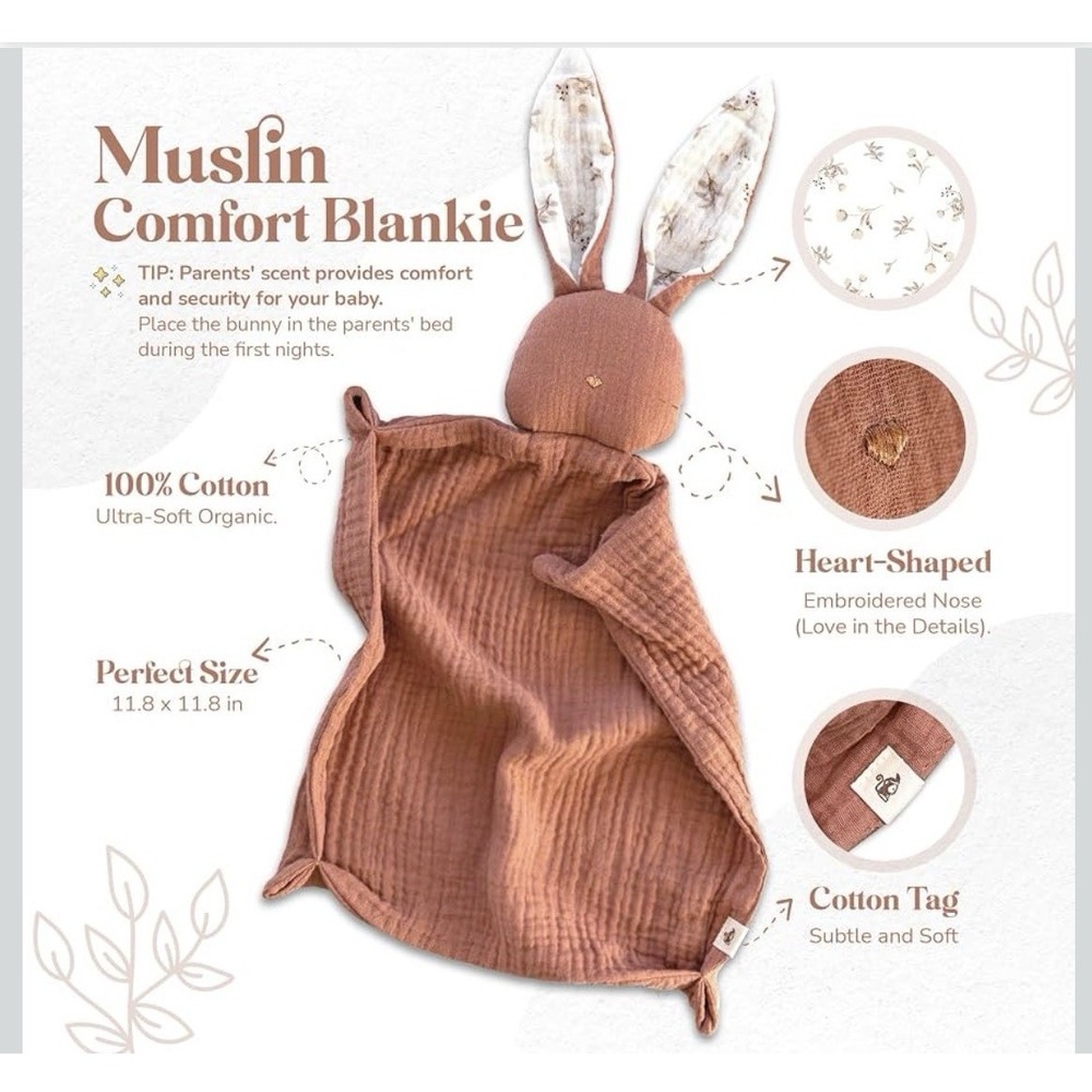Mikito Bunny Rabbit Muslin Knotted Lovey Security Blanket Rose Heart Nose - Picture 2 of 6